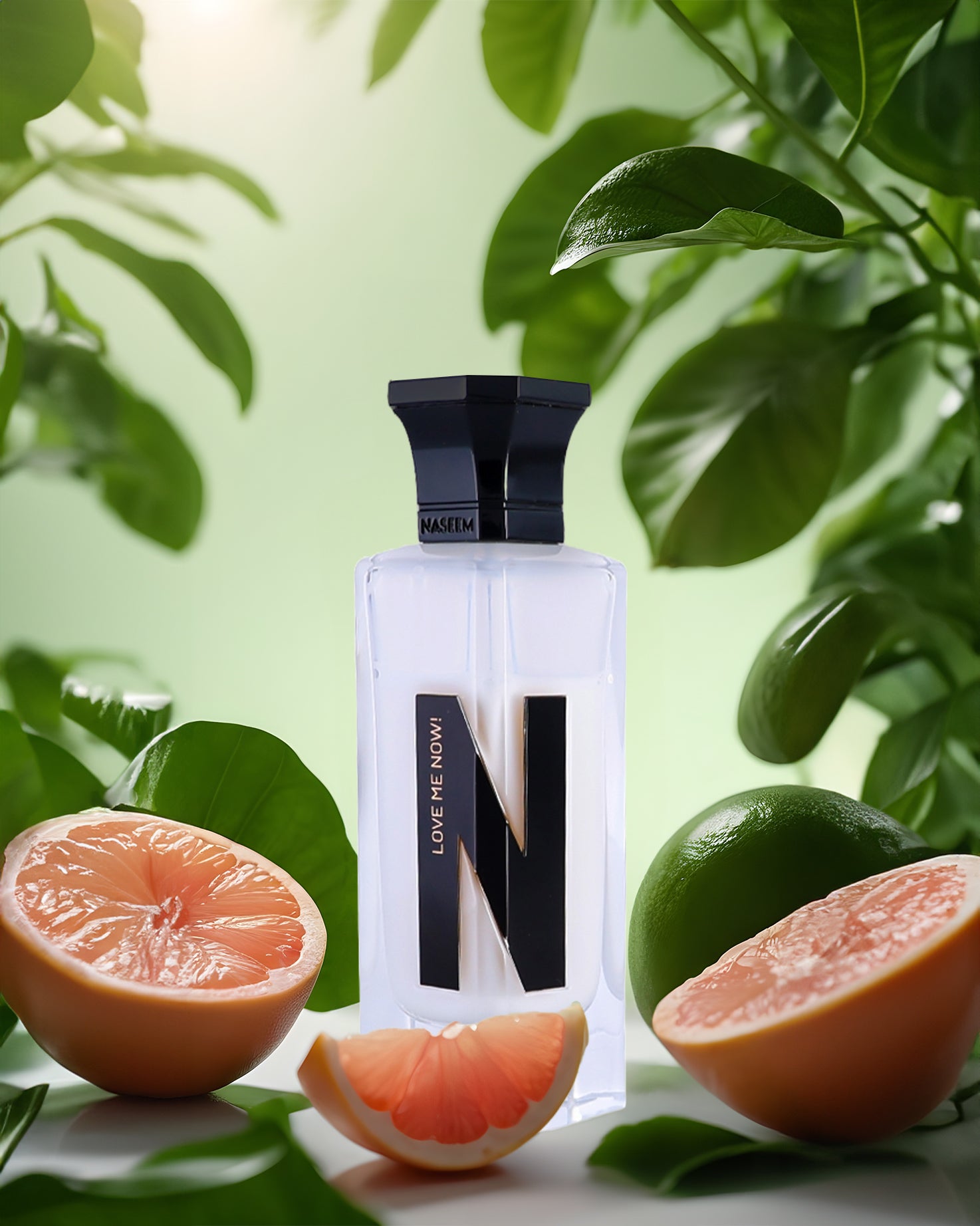 love me now aqua parfum bottle surrounded by green leaves and grapefruits