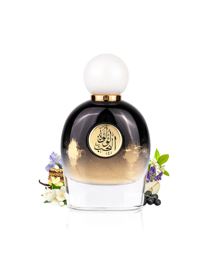 gulf orchid lulut al hob perfume bottle surrounded with fragrance notes like vanilla and pear shows from behind the bottle against white background