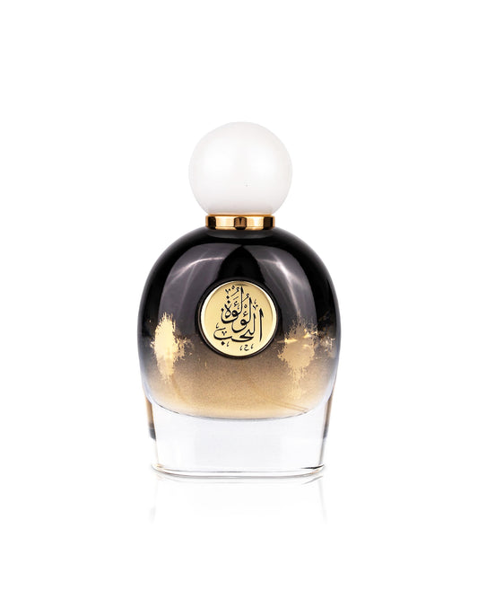 GULF ORCHID LULUT ALHOB Perfume bottle with black and gold design on a white background