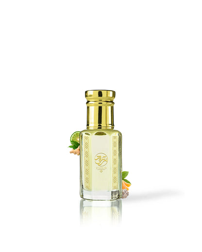 lunar zest perfume oil bottle surrounded with fragrance notes like orange and ginger shows against white background