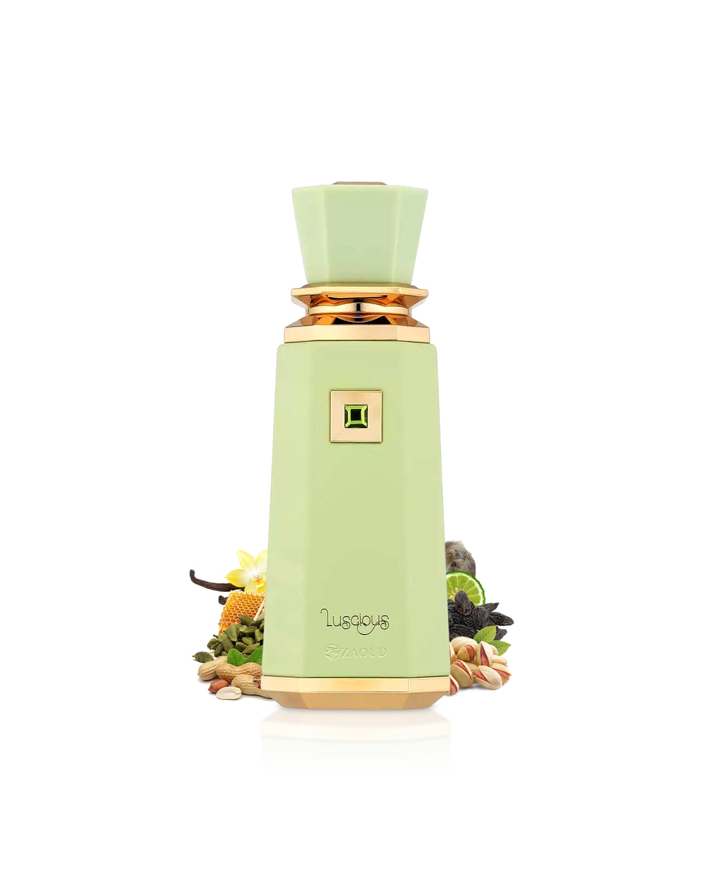 french avenue luscious perfume bottle surrounded with fragrance notes like pistachio and peanutes shows against white background 