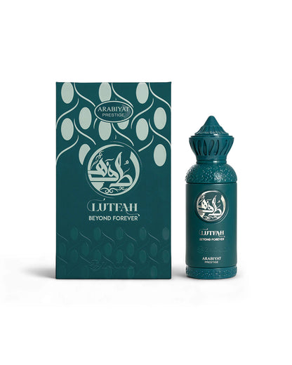 lutfah beyond forever perfume bottle shows beside its box against white background