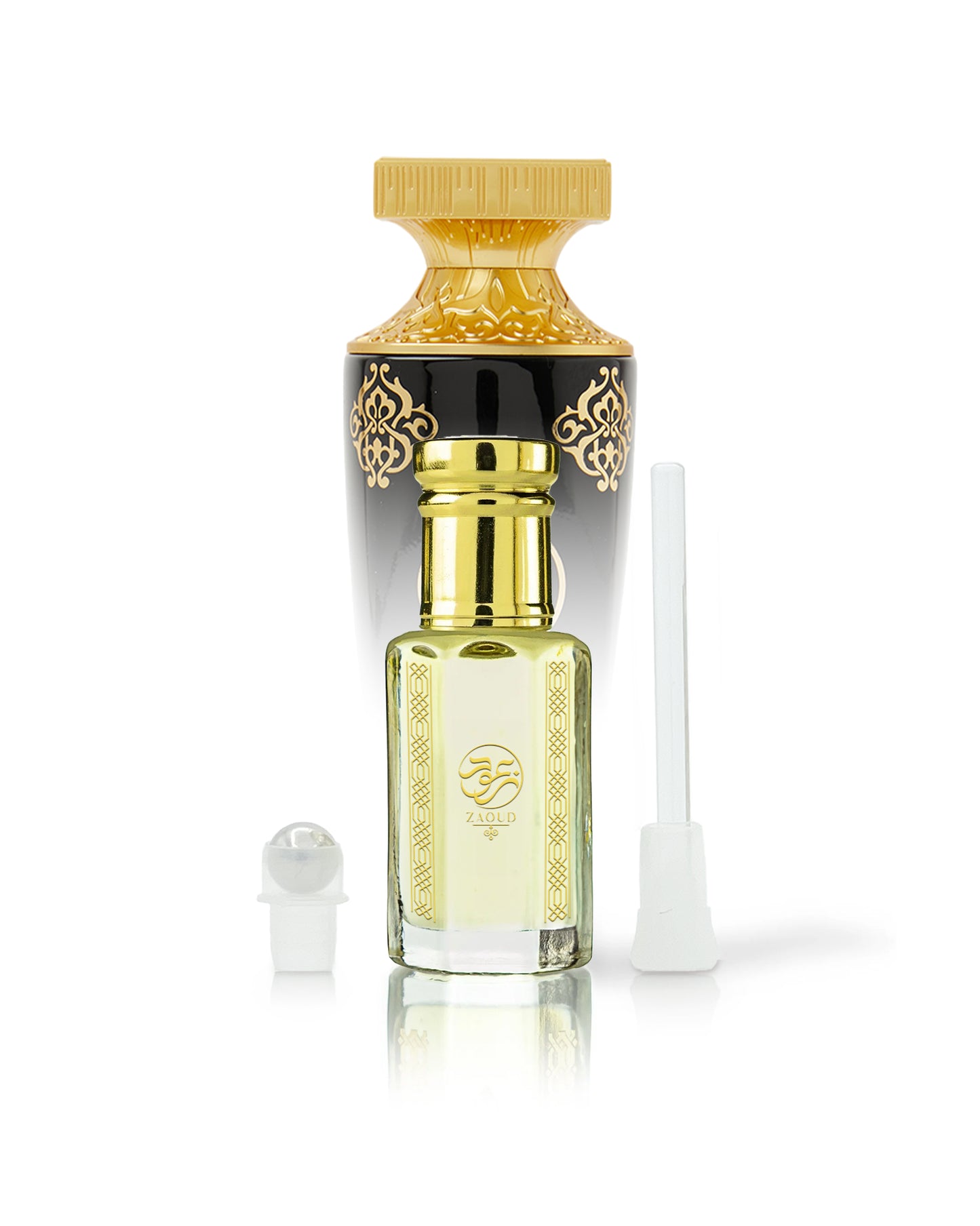 madara blossom madawi perfume oil bottle shows beside roller and stick against white background