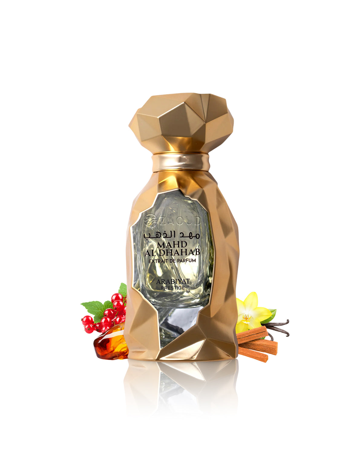 mahd al dahab extrait perfume bottle surrounded with fragrance notes like sandalwood and amber shows against white background