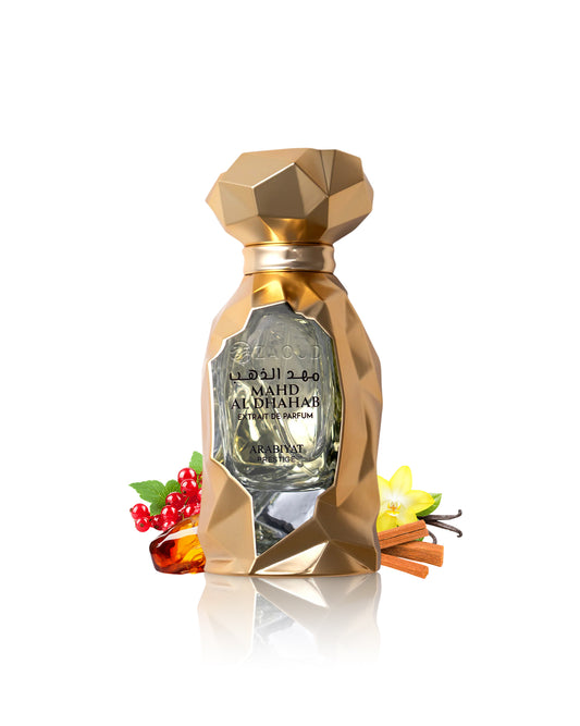 mahd al dahab extrait perfume bottle surrounded with fragrance notes like sandalwood and amber shows against white background