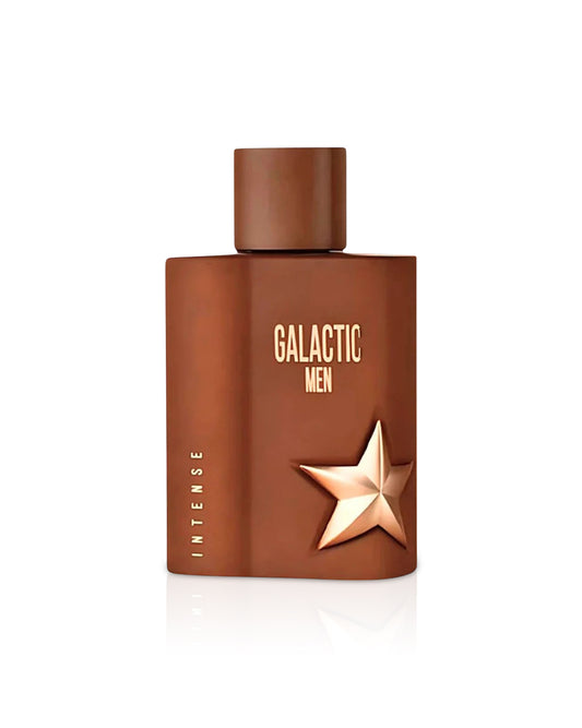 maison alhambra galactic men Brown perfume bottle labeled 'Galactic Men' with a star design on a white background
