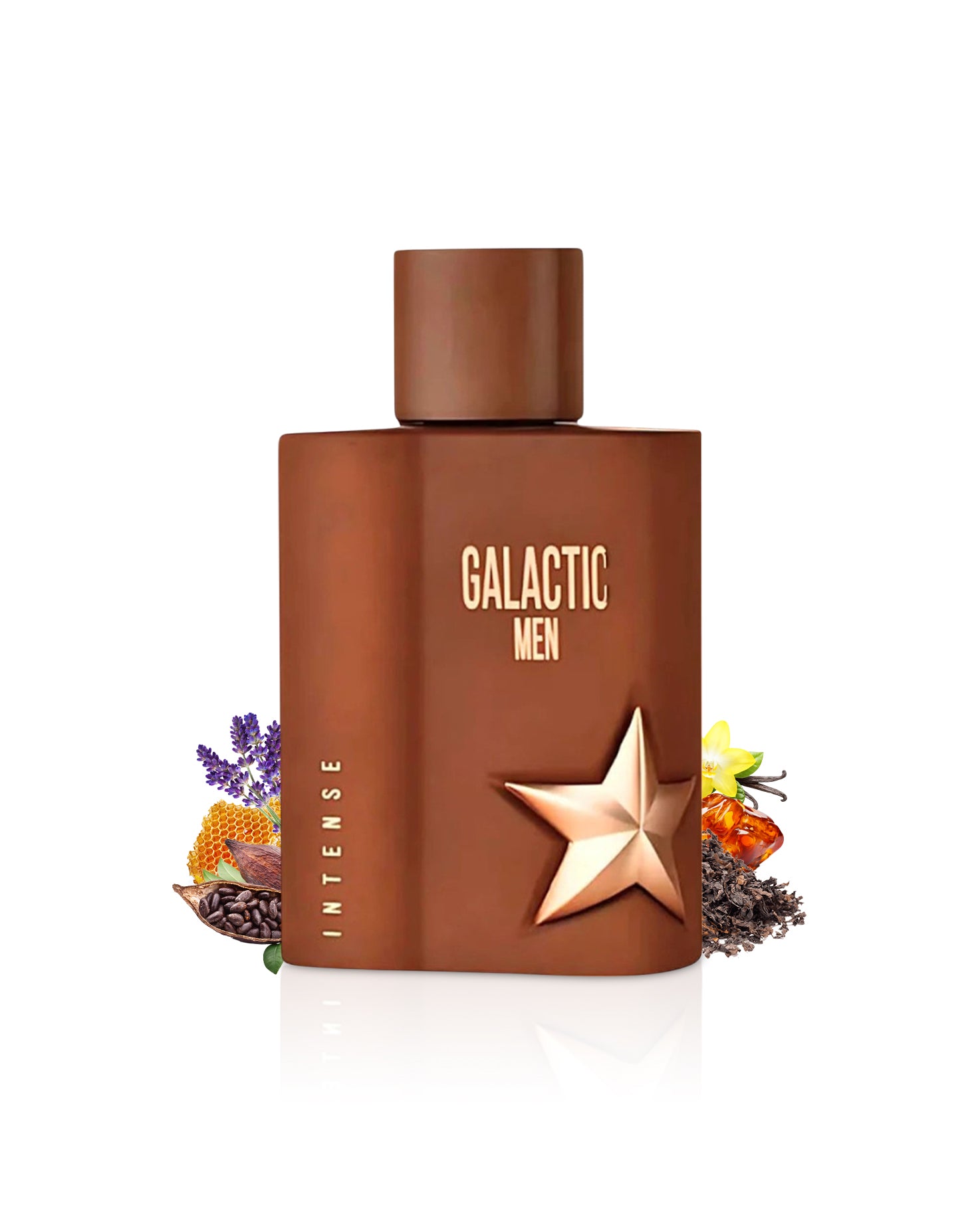 maison alhambra galactic men Brown perfume bottle surrounded by fragrance notes like coffee and tobacco with star design on a white background