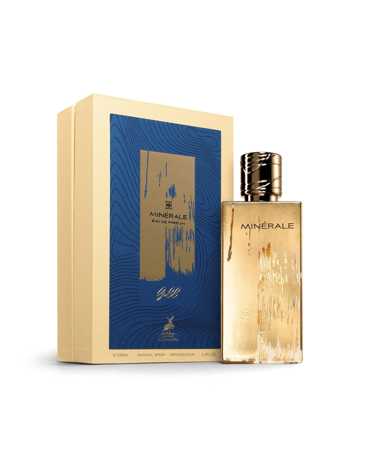 maison alhambra minerale gold perfume bottle shows beside its packaging