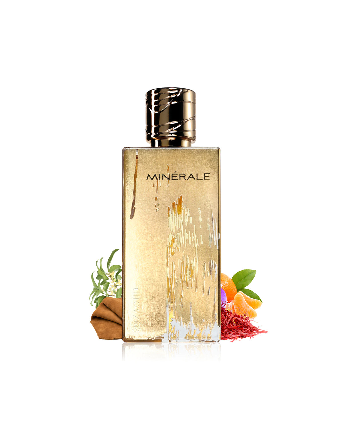 maison alhambra minerale gold perfume bottle shown on a clean white background with small botanical and citrus ingredient props at the base.