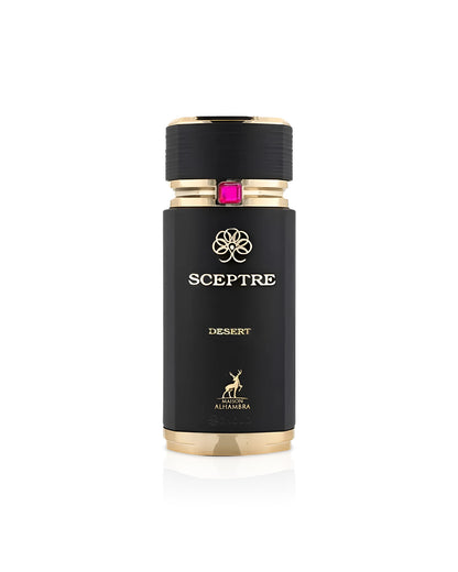 maison alhambra Black and gold bottle labeled 'Sceptre' on a white background