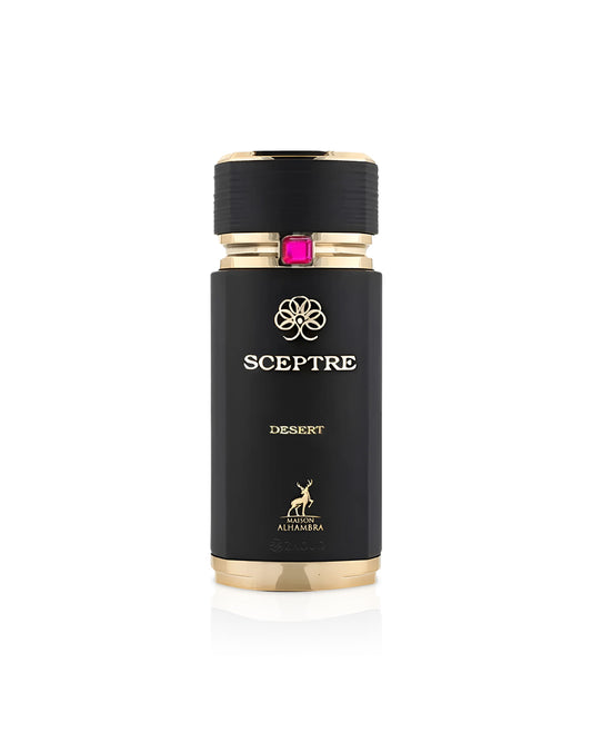 maison alhambra Black and gold bottle labeled 'Sceptre' on a white background