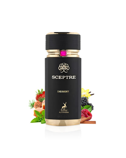 maison alhambra Black and gold bottle labeled 'Sceptre' with desert-themed graphics on a white background