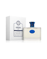 A bottle of Tonic Ice Eau de Parfum next to its white packaging box, featuring a frosted glass bottle with a metallic blue cap and a blue circular emblem.