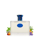 maison alhambra tonic ice perfume bottle surrounded with fragrance note like amber and lavender shows against white background