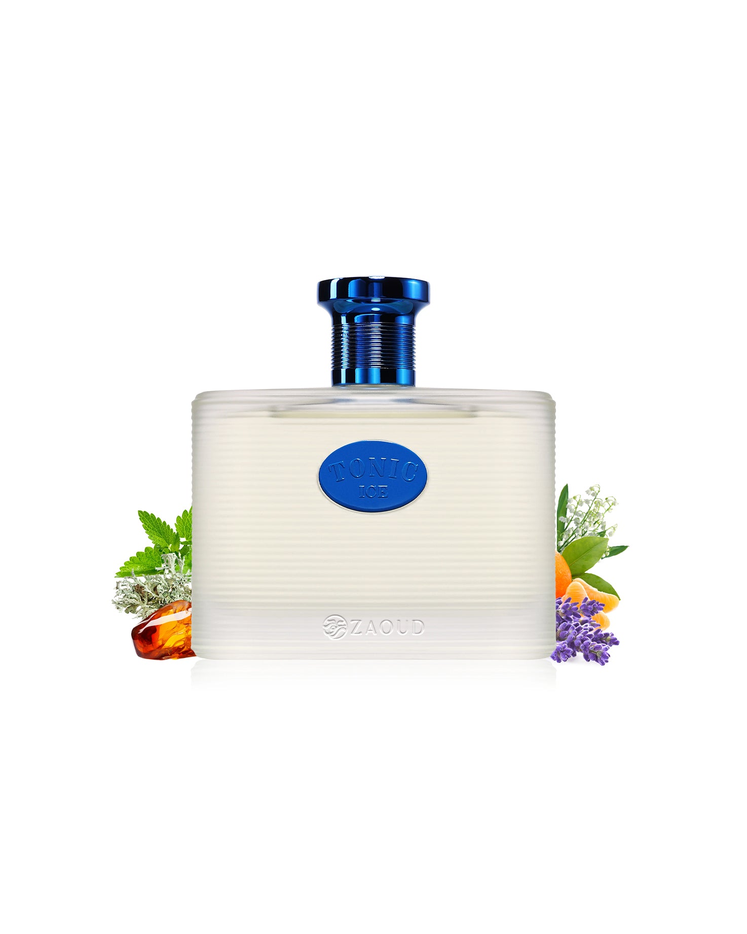 maison alhambra tonic ice perfume bottle surrounded with fragrance note like amber and lavender shows against white background