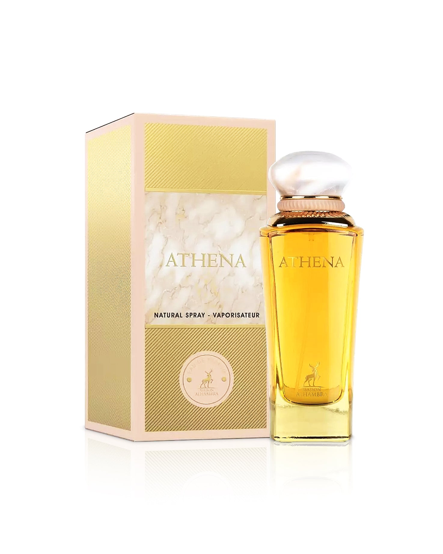 maison alhambra athena perfume bottle shows beside its box against white background