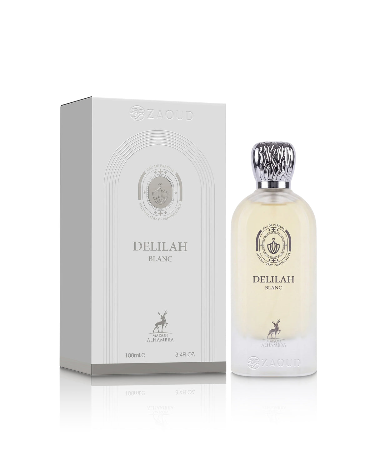 maison alhambra Delilah Blanc perfume bottle shows beside its packaging against white background