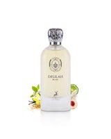 maison alhambra Delilah Blanc perfume bottle surrounded with fragrance notes like peach and vanilla  shows against white background