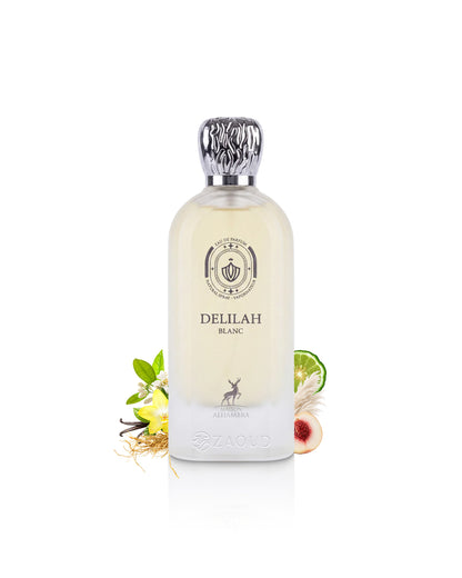 maison alhambra Delilah Blanc perfume bottle surrounded with fragrance notes like peach and vanilla  shows against white background