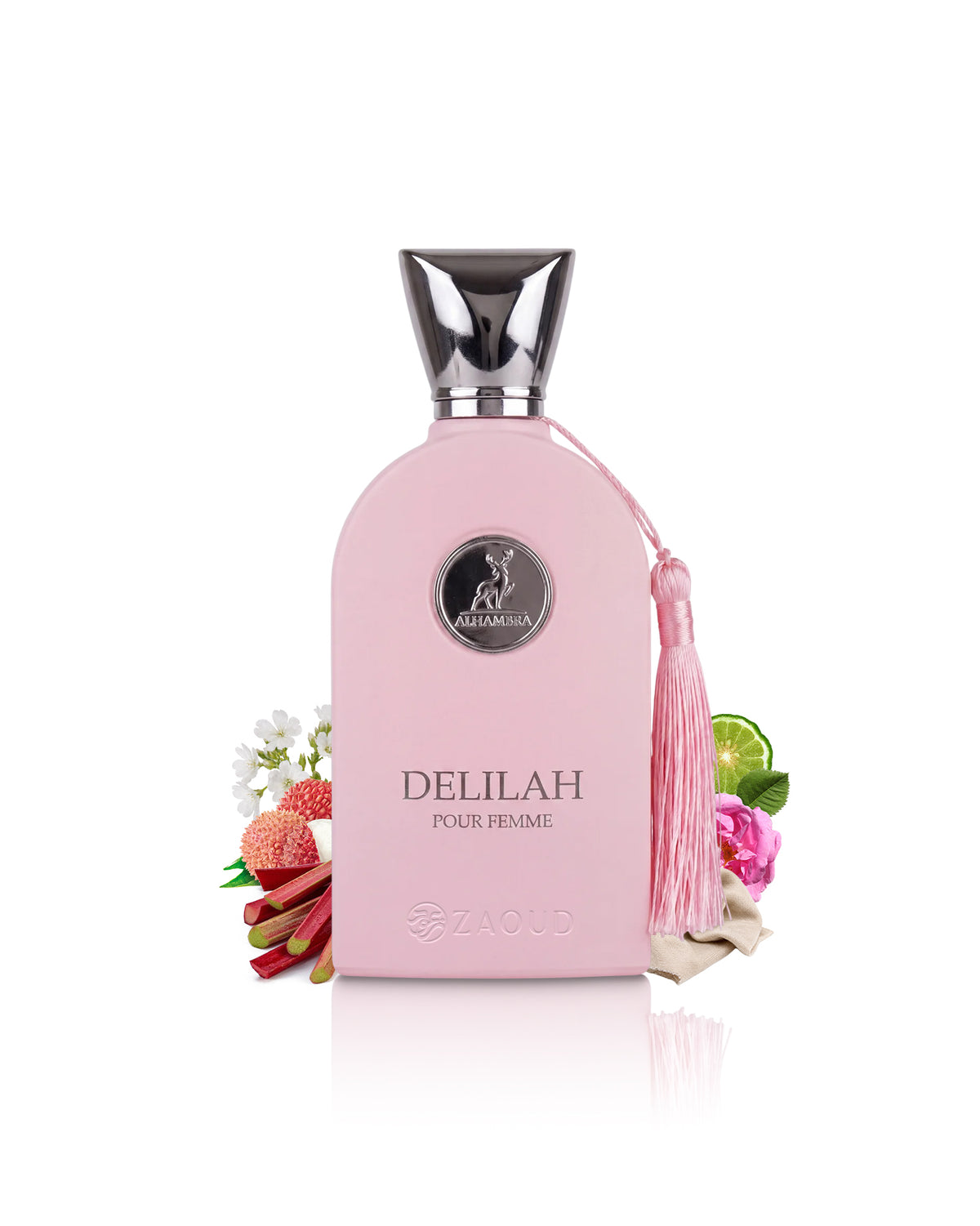 A pink perfume bottle labeled DELILAH POUR femme, featuring a silver cap, a pink tassel, and decorative fruit and flower props on a white background.