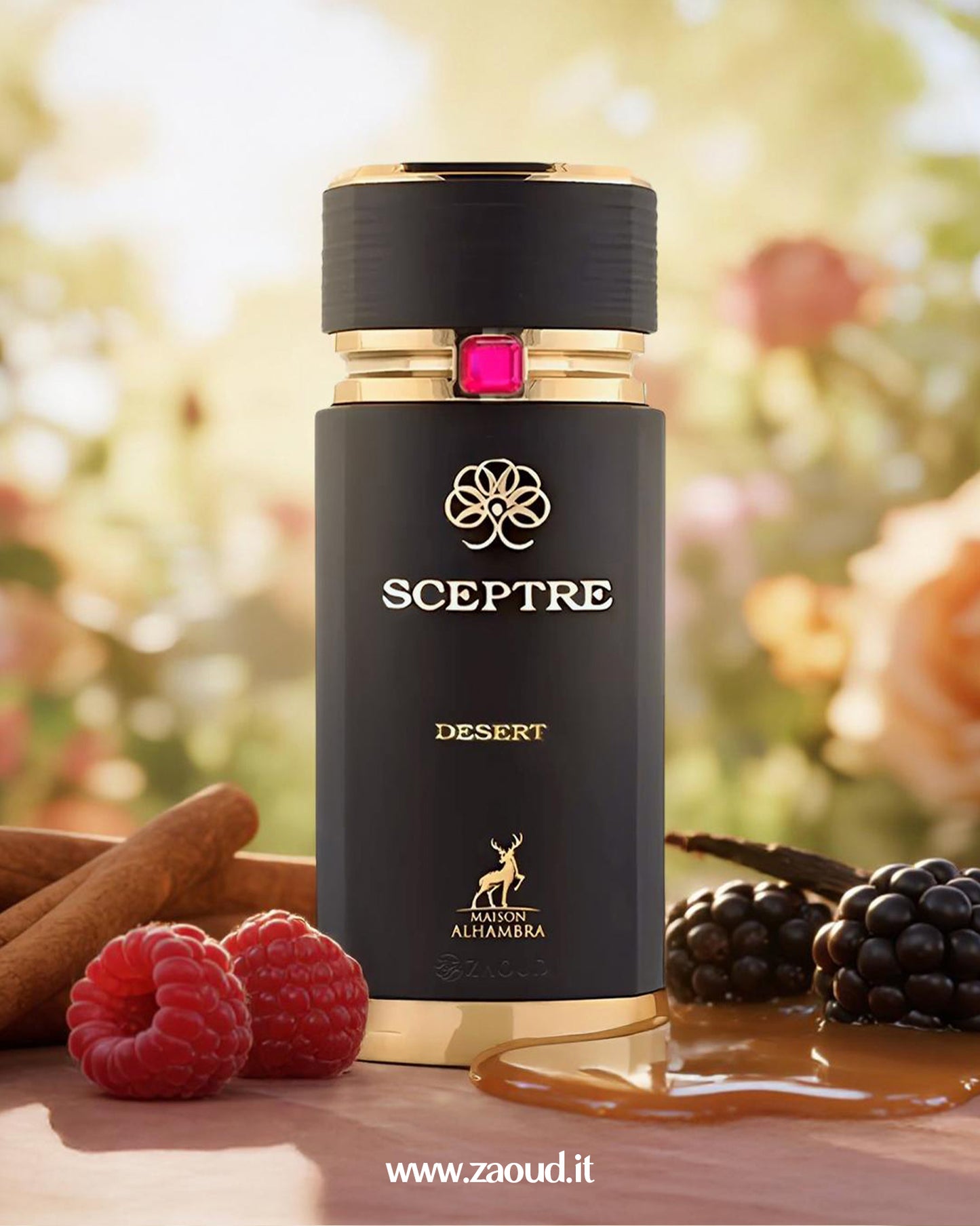 Sceptre Desert perfume bottle with berries and spices on a blurred floral background