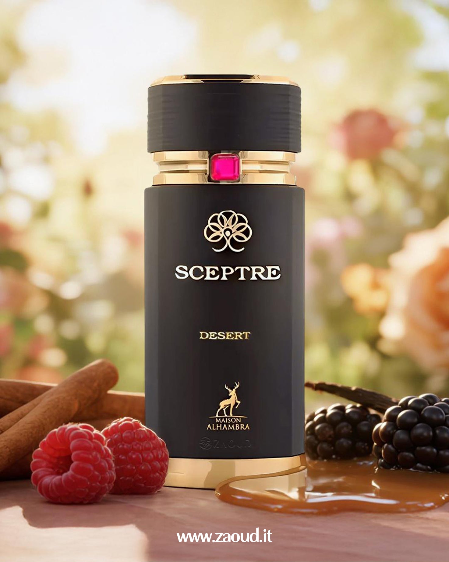 Sceptre Desert perfume bottle with berries and spices on a blurred floral background
