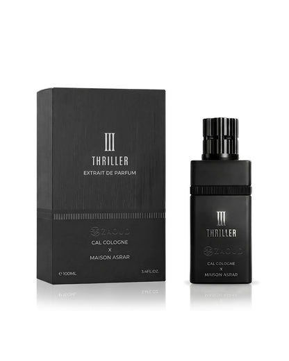 maison asrar thriller 3 perfume bottle shows beside its packaging against white background