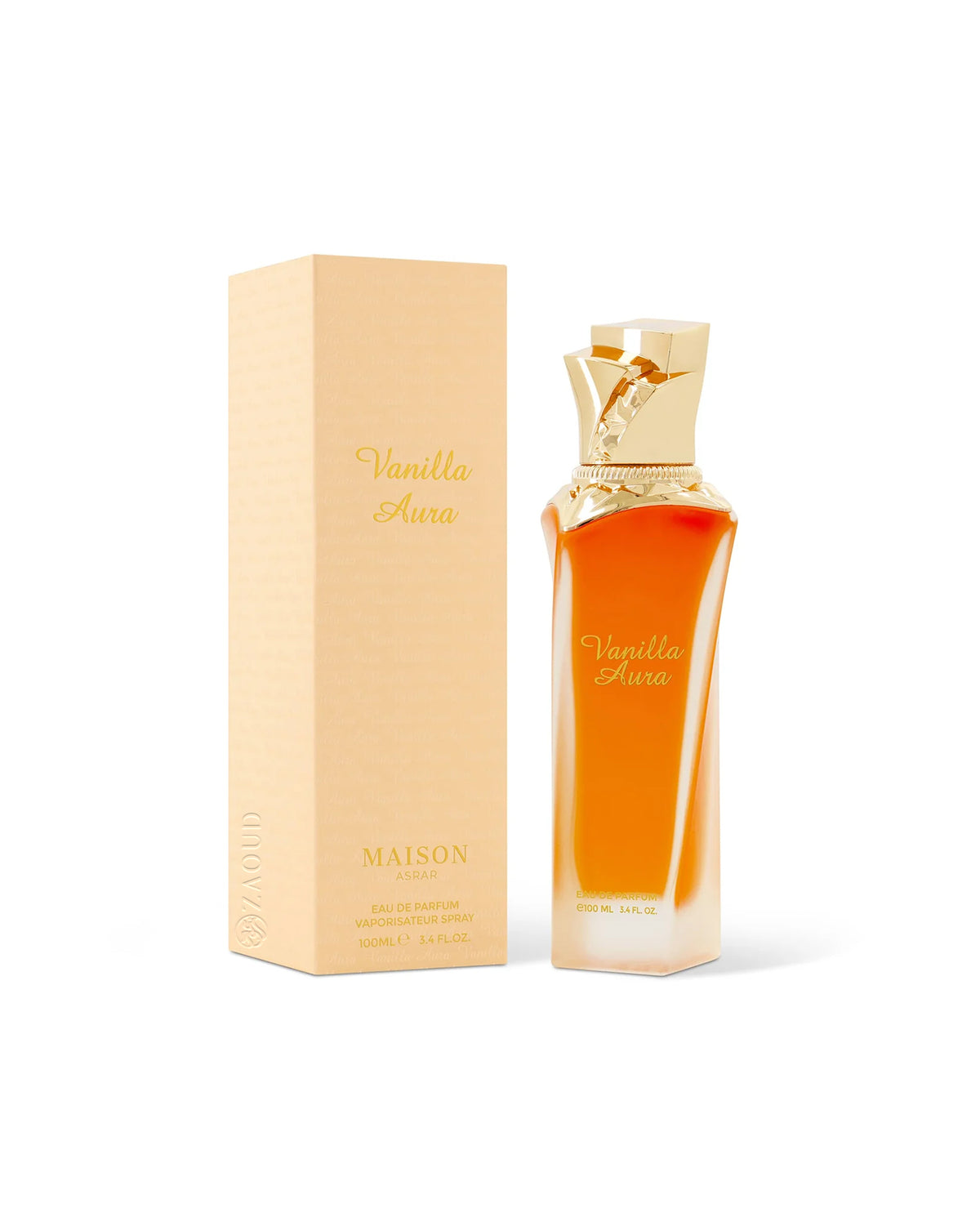 Maison asrar Vanilla Aura Parfum bottle with amber liquid and a gold cap, displayed next to its beige packaging box on a white background.
