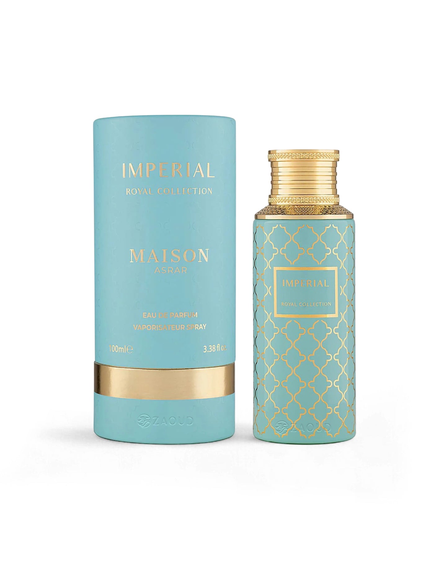 maison asrar imperial perfume bottle shows beside it's packaging against white background