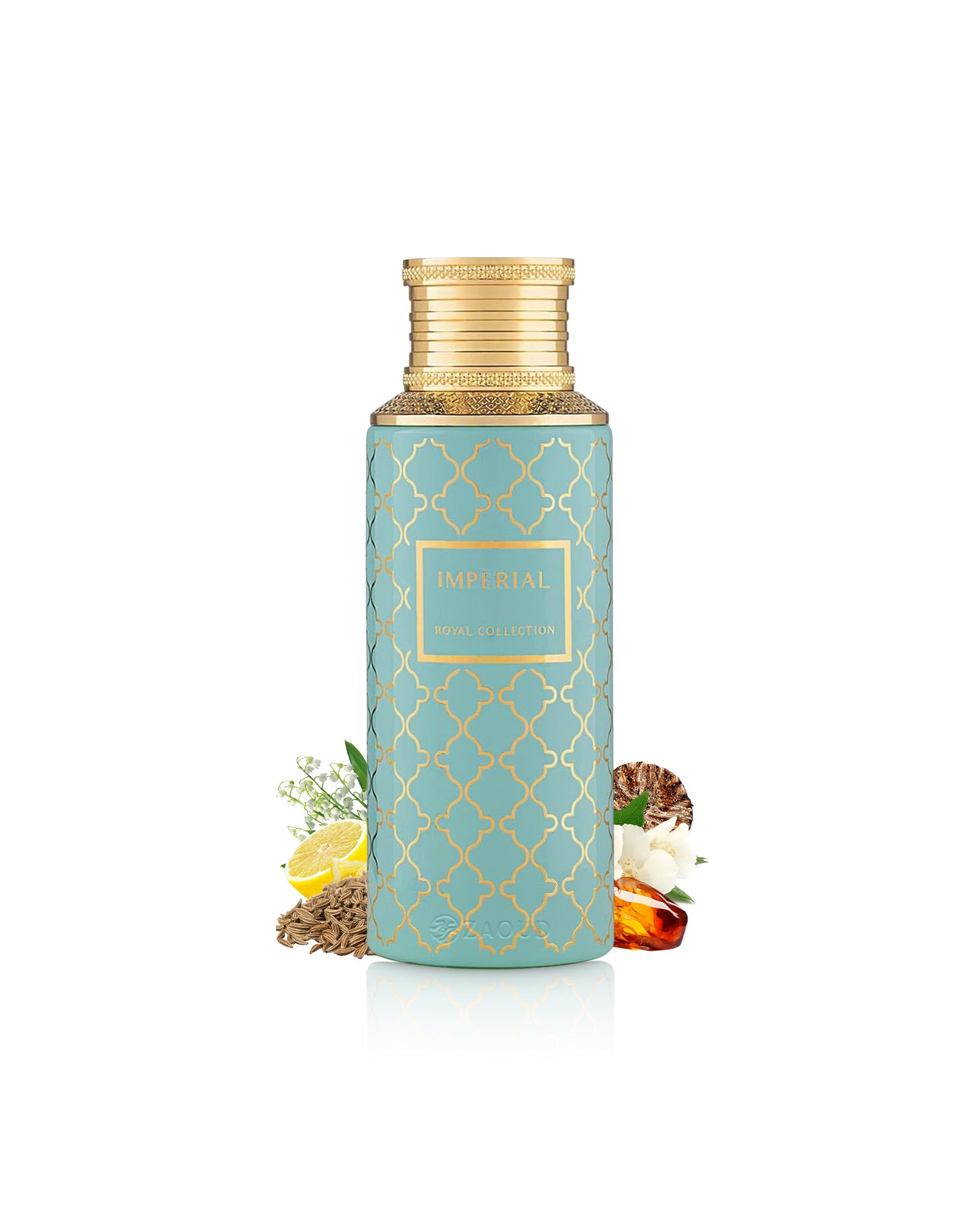 maison asrar imperial perfume bottle surrounded by fragrance notes like coriender and amber shows against white background