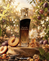 Vanilla Seduction perfume bottle with fruits and flowers on a wooden platform