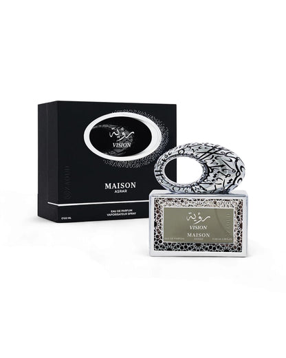 maison asrar vision perfume bottle shows beside its packaging against white background