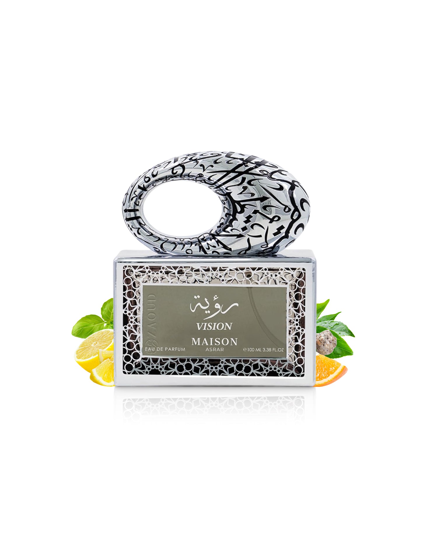 maison asrar vision perfume bottle surrounded by fragrance notes like lemon and orange shows against white background