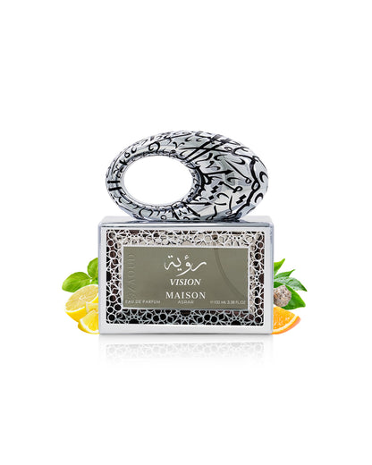 maison asrar vision perfume bottle surrounded by fragrance notes like lemon and orange shows against white background