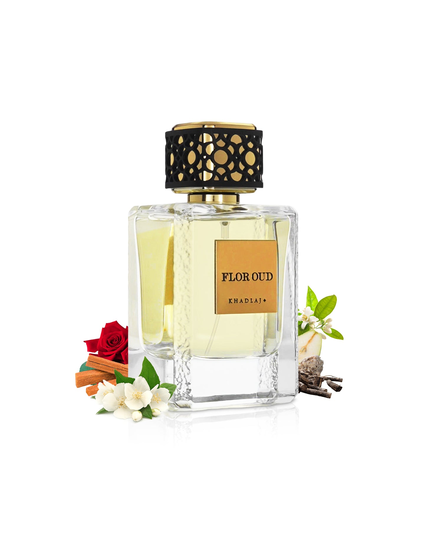 khadlaj maison flor oud perfume bottle surrounded with its ingredients like jasmine and pears shows from behind the bottle against white background