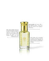 majd rouge perfume oil bottle with a gold cap and clear glass body showing pale yellow liquid inside, set against a white background with descriptive text callouts.