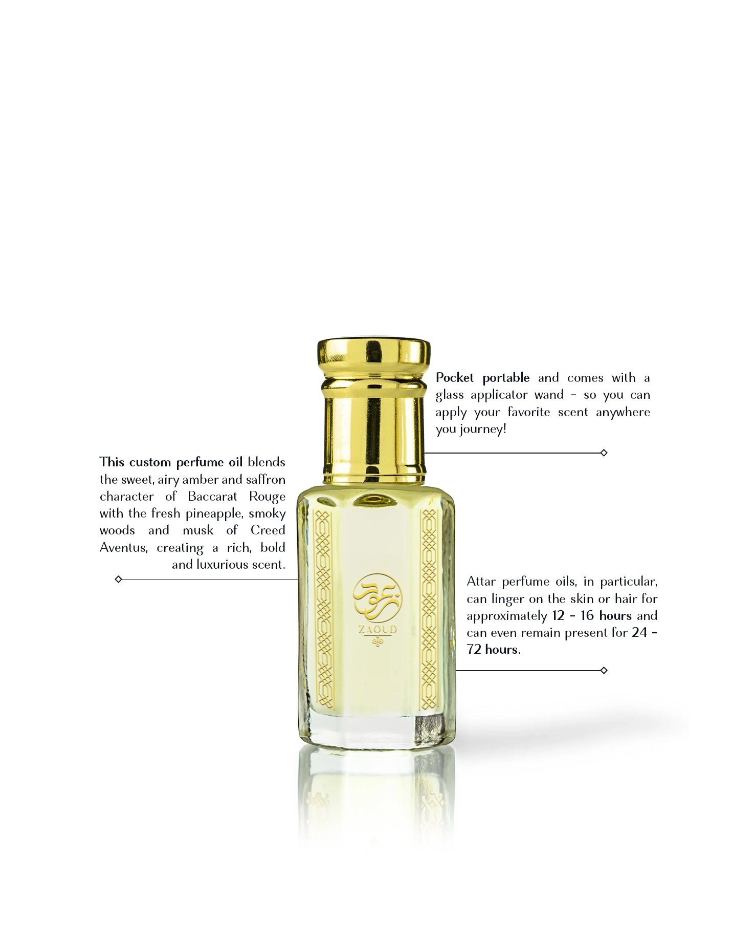 majd rouge perfume oil bottle with a gold cap and clear glass body showing pale yellow liquid inside, set against a white background with descriptive text callouts.