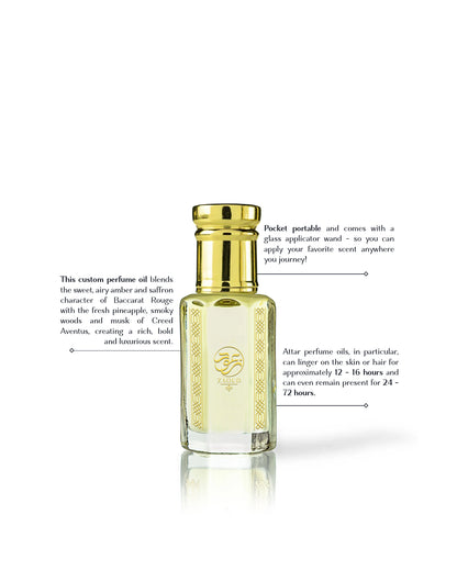majd rouge perfume oil bottle with a gold cap and clear glass body showing pale yellow liquid inside, set against a white background with descriptive text callouts.