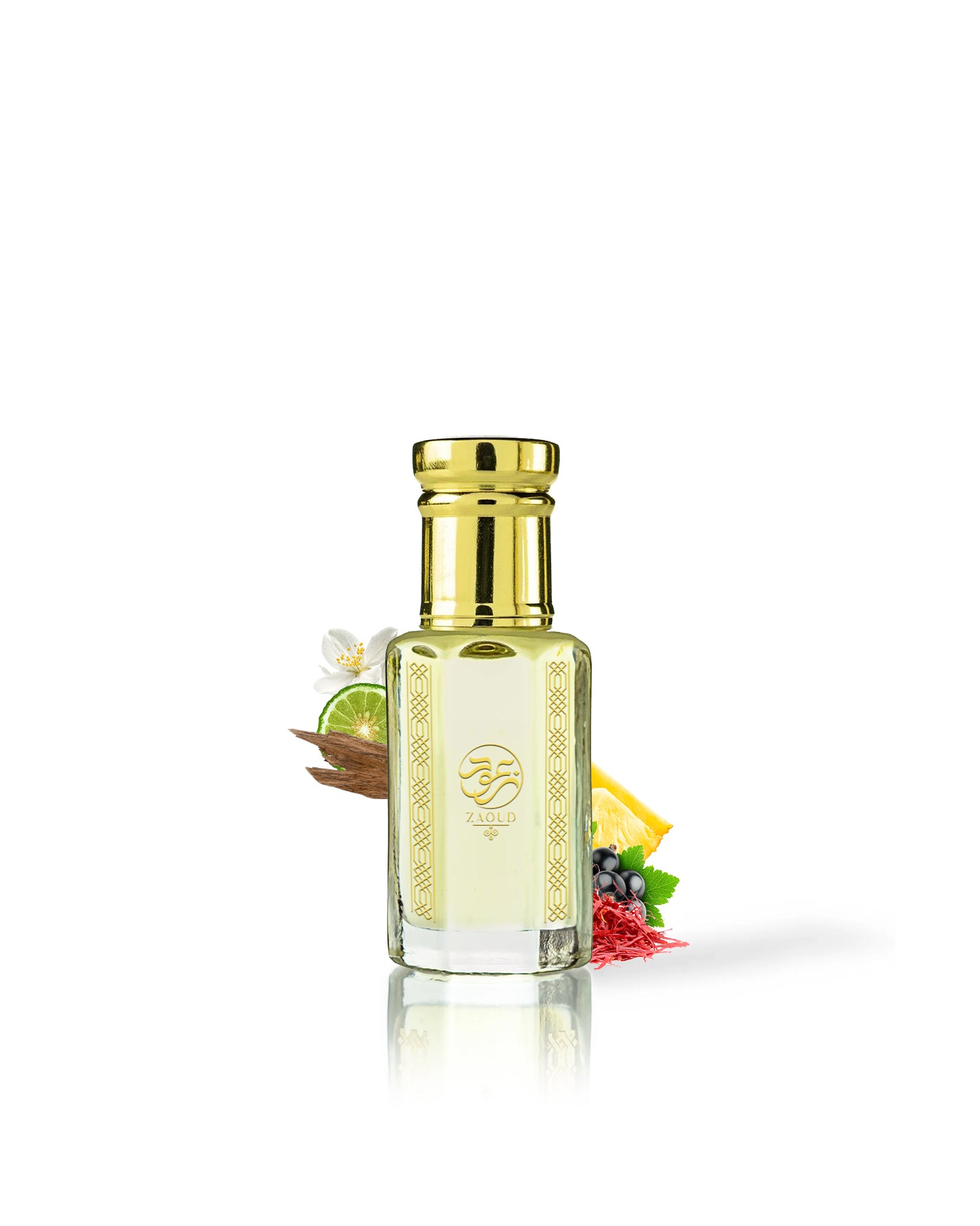 majd rouge perfume oil bottle with a shiny gold cap and gold decorative patterns on the front, filled with pale yellow liquid. The bottle is centered on a white background with small decorative fruit and herb illustrations near the base.