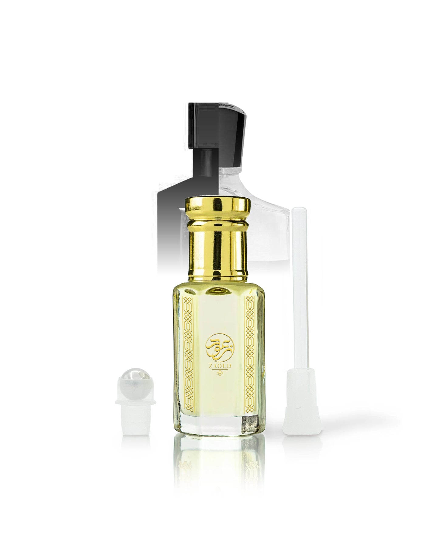 majd rouge perfume oil bottle with pale yellow liquid, a shiny gold neck, and a black spray top, shown on a white background with a small white cap and a white applicator wand.
