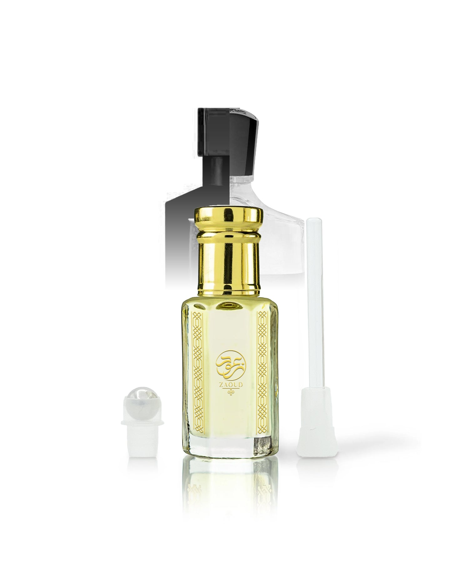 majd rouge perfume oil bottle with pale yellow liquid, a shiny gold neck, and a black spray top, shown on a white background with a small white cap and a white applicator wand.
