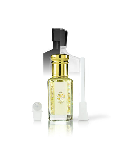 majd rouge perfume oil bottle with pale yellow liquid, a shiny gold neck, and a black spray top, shown on a white background with a small white cap and a white applicator wand.