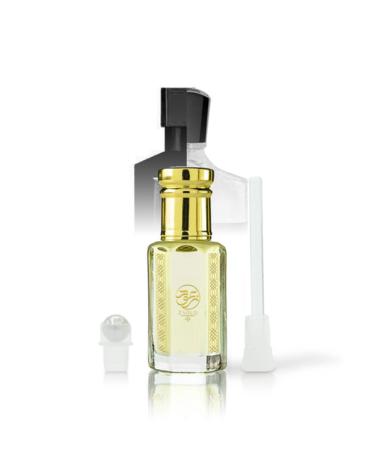 majd rouge perfume oil bottle with pale yellow liquid, a shiny gold neck, and a black spray top, shown on a white background with a small white cap and a white applicator wand.