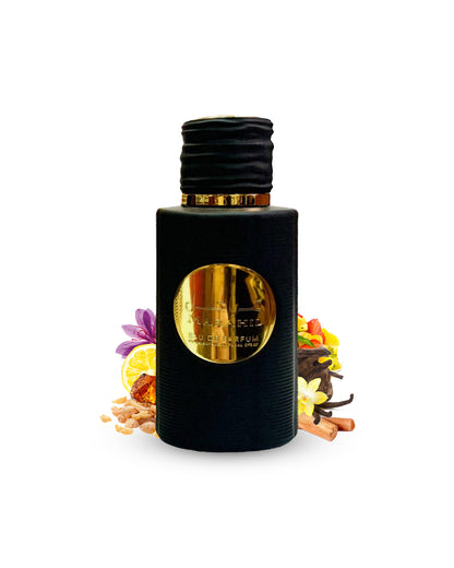 marahil Eau de parfum by ard al zaafaran perfume bottle surrounded with its ingredients like saffron and vanilla with many others shows from behind the bottle against white background