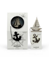 Marasi for him perfume bottle and packaging with ship design on a white background