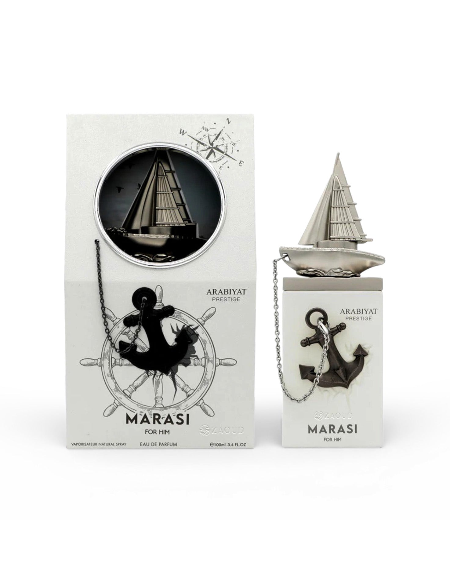 Marasi for him perfume bottle and packaging with ship design on a white background