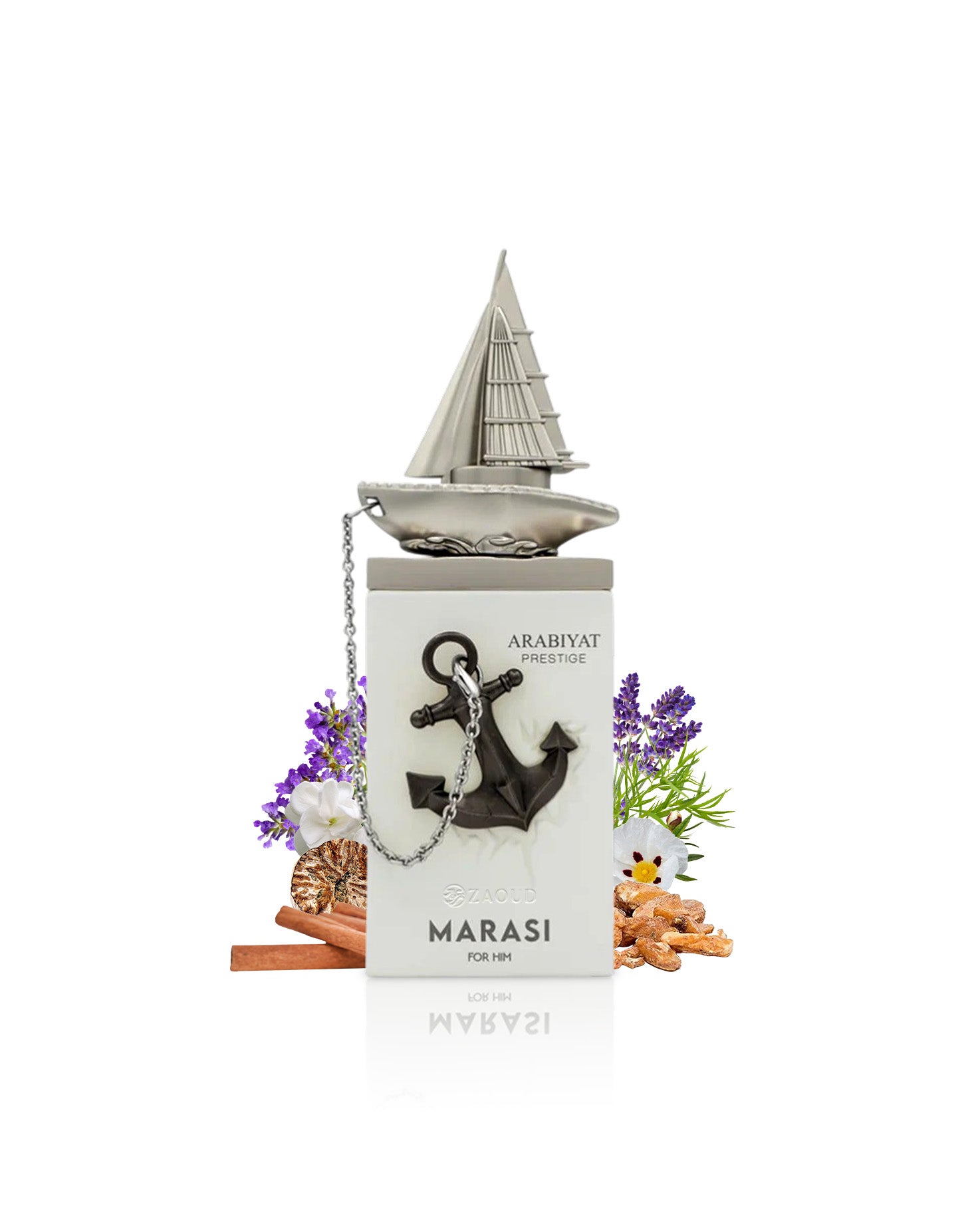 marasi for him perfume bottle surrounded by fragrance notes like cinnamon and lavender shows against white background