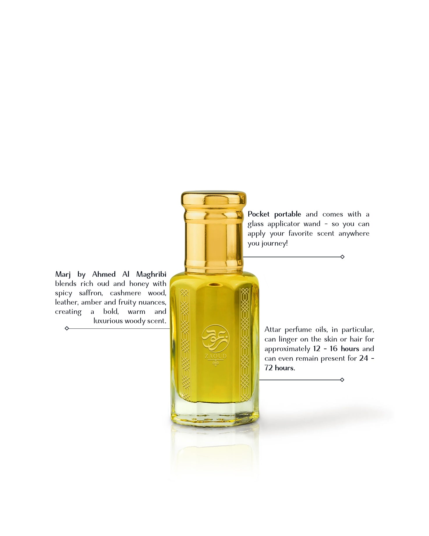 marj perfume oil bottle filled with yellow liquid, shown on a white background with callout text describing its scent and features. The bottle has a gold cap and a visible embossed logo on the front.