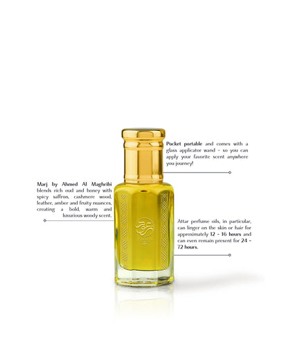 marj perfume oil bottle filled with yellow liquid, shown on a white background with callout text describing its scent and features. The bottle has a gold cap and a visible embossed logo on the front.