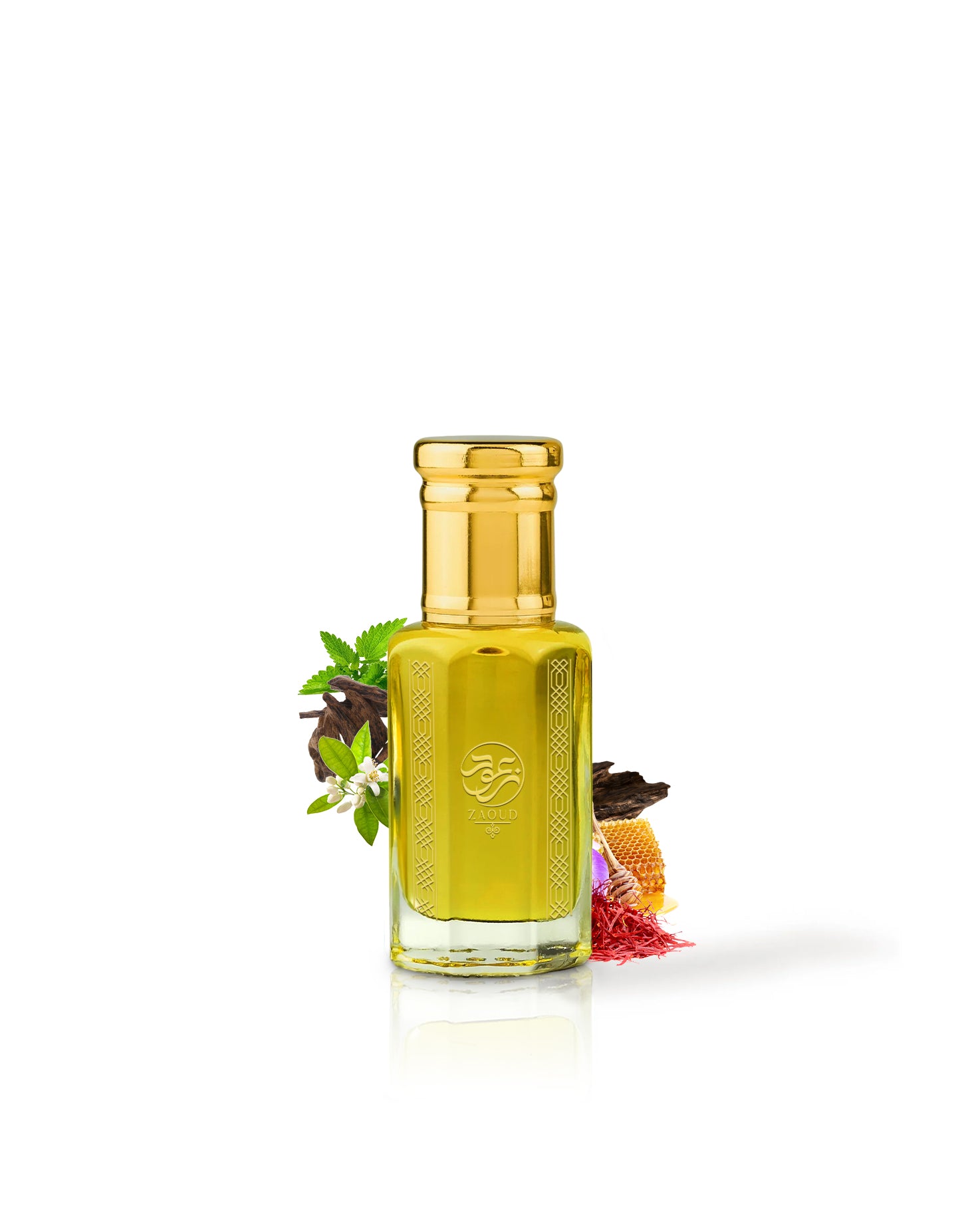 marj perfume oil bottle filled with golden yellow liquid, topped with a metallic gold cap, styled with botanical ingredients on a clean white background.